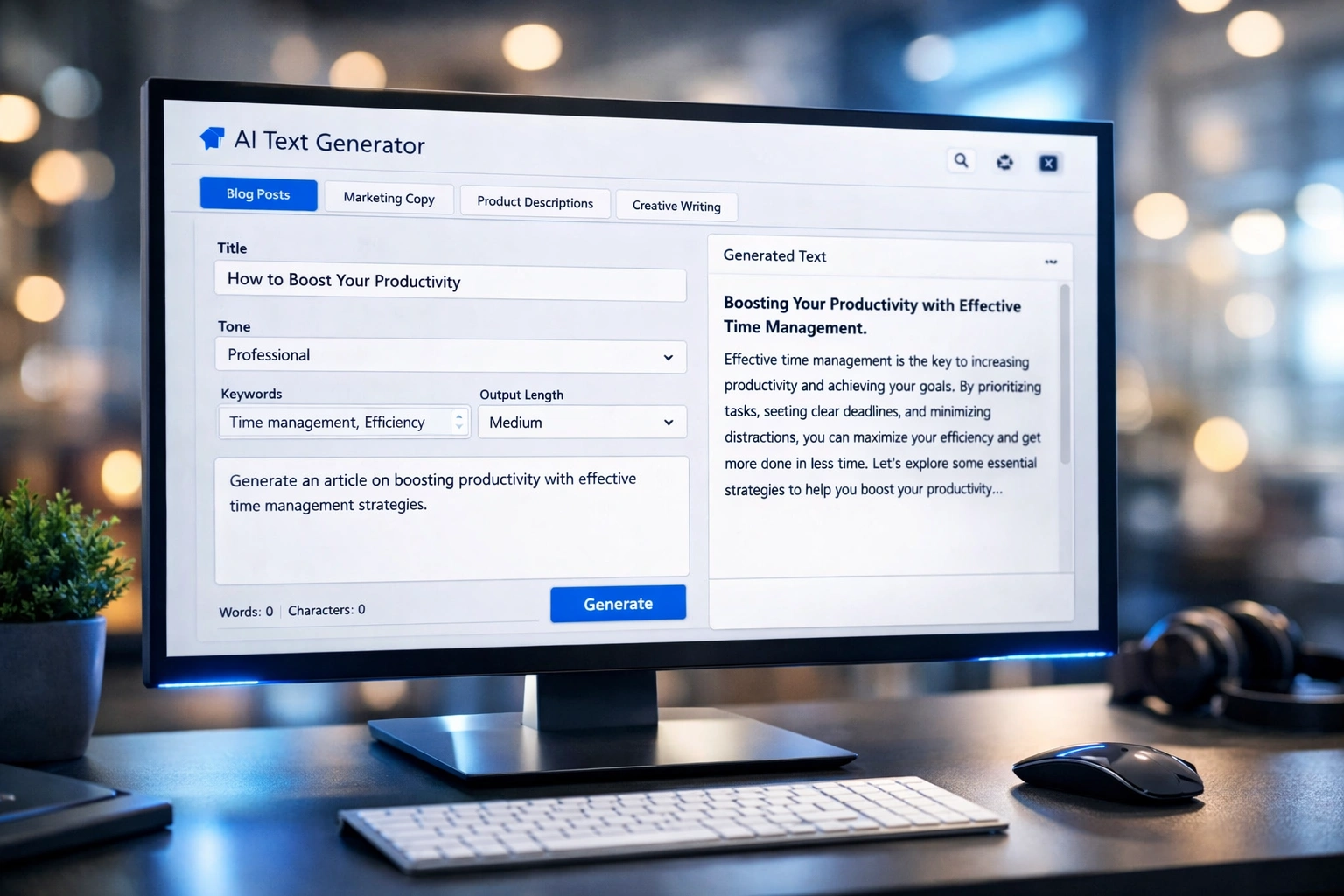 A high-tech dashboard showcasing a product description generator processing bulk e-commerce data