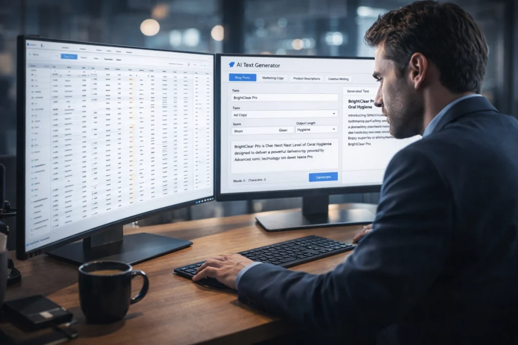 An e-commerce manager using a description maker tool to optimize a Shopify store.