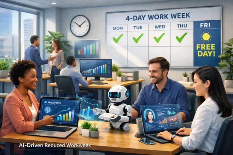 AI-driven reduced workweek illustration showing employees using AI tools to boost productivity and maintain a 4-day schedule
