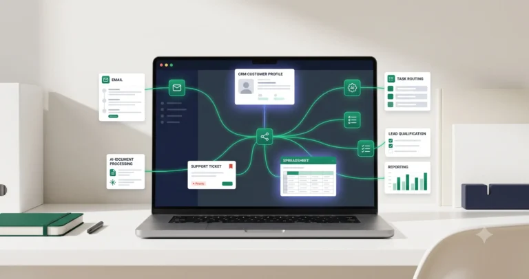 Alt text: AI automation workflow examples for small business showing connected systems, tasks, and workflow steps Caption: Practical AI automation workflow examples connect triggers, AI steps, business tools, and human review across daily small business operations.