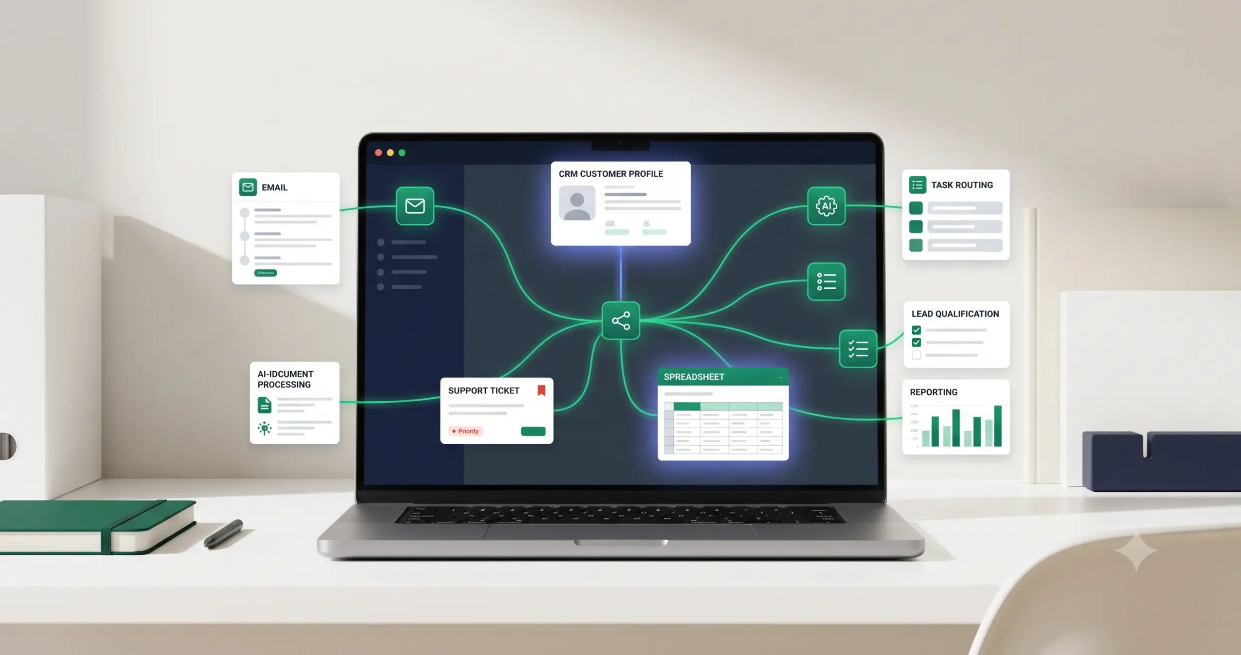Alt text: AI automation workflow examples for small business showing connected systems, tasks, and workflow steps Caption: Practical AI automation workflow examples connect triggers, AI steps, business tools, and human review across daily small business operations.