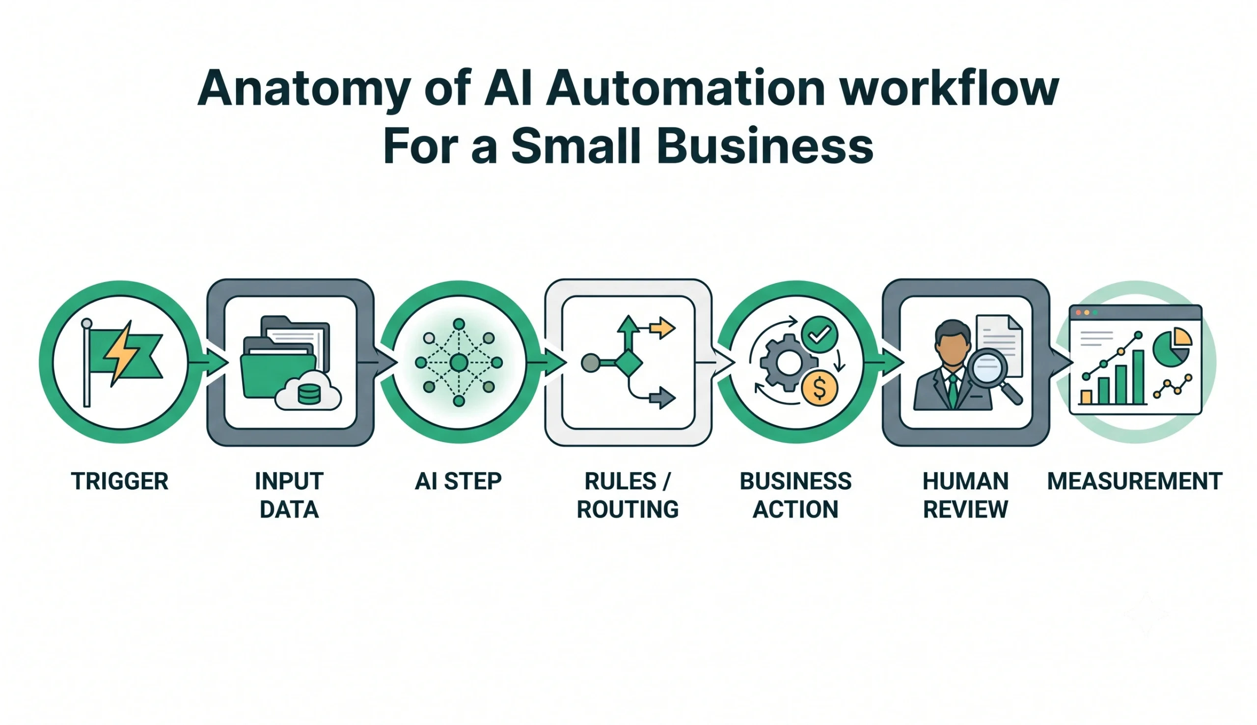 AI automation workflow diagram showing trigger, input data, AI step, routing, business action, human review, and measurement