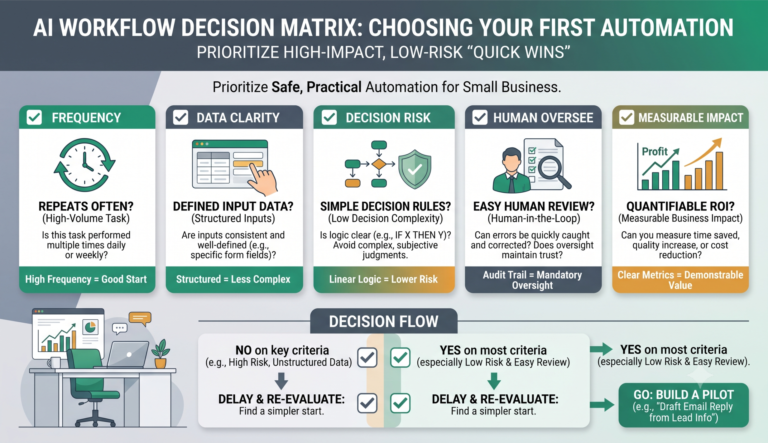 Matrix for choosing the first AI automation workflow based on repetition, data clarity, risk, and business impact