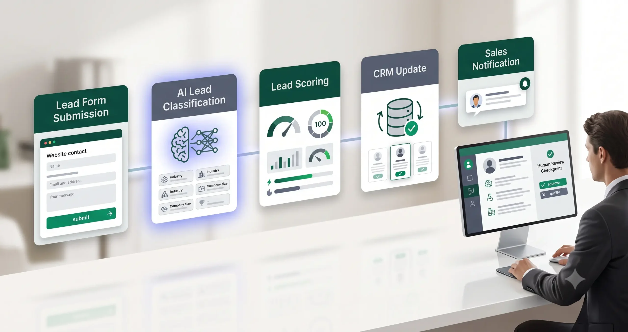 Lead qualification workflow steps from form submission to CRM update and human review
