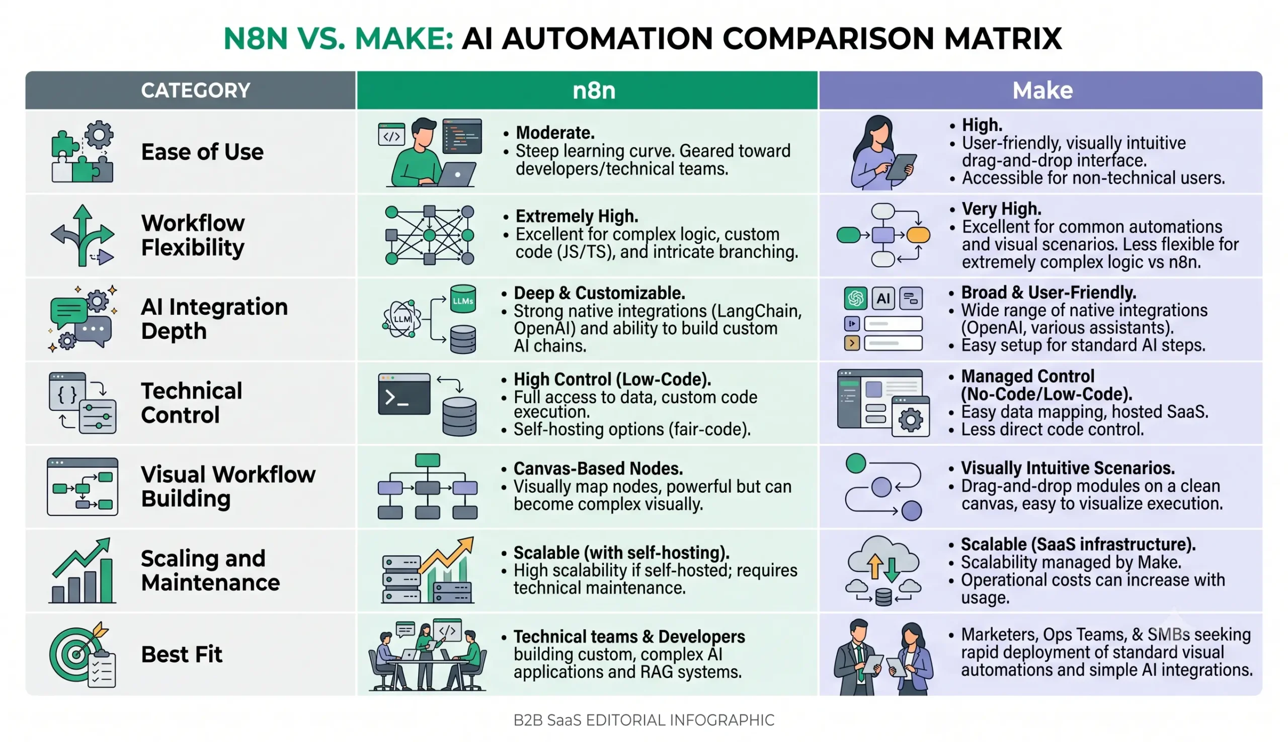 n8n vs Make comparison matrix for AI automation workflows