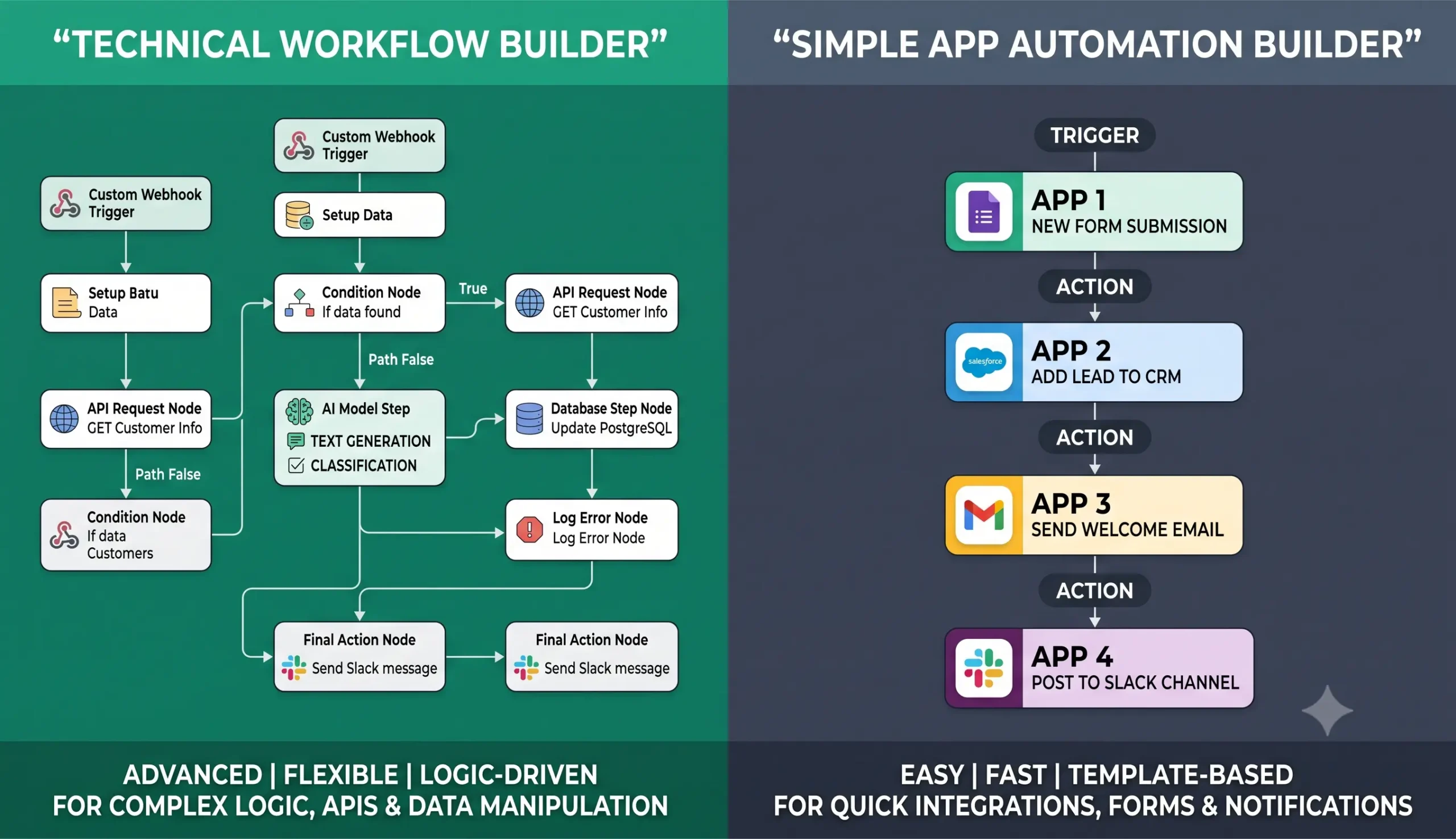 Workflow builder difference between n8n and Zapier for AI automation