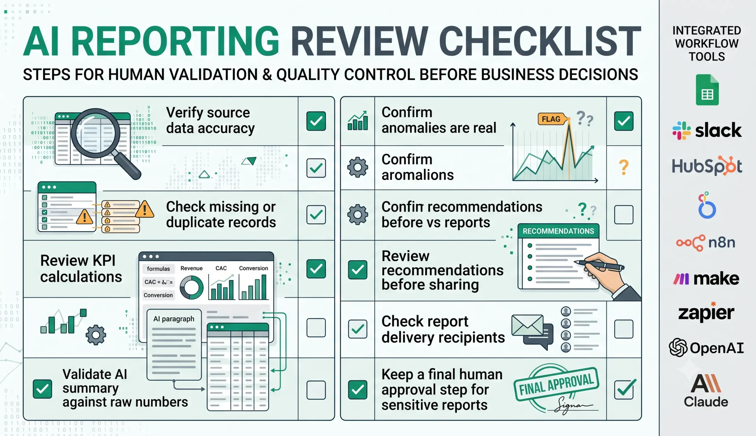 AI reporting human review checklist for weekly business reports