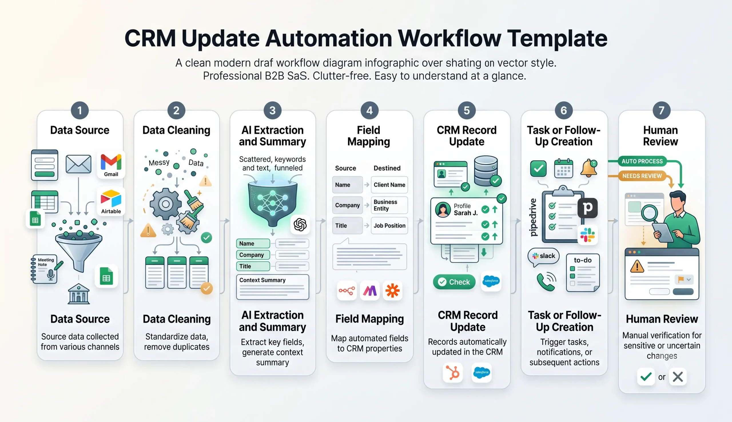 CRM update automation workflow steps from data source to reviewed CRM record